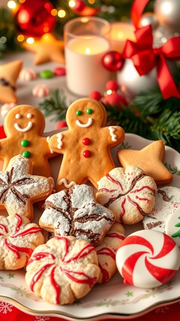 A colorful display of various Christmas cookies on a decorative plate, showcasing the festive spirit.